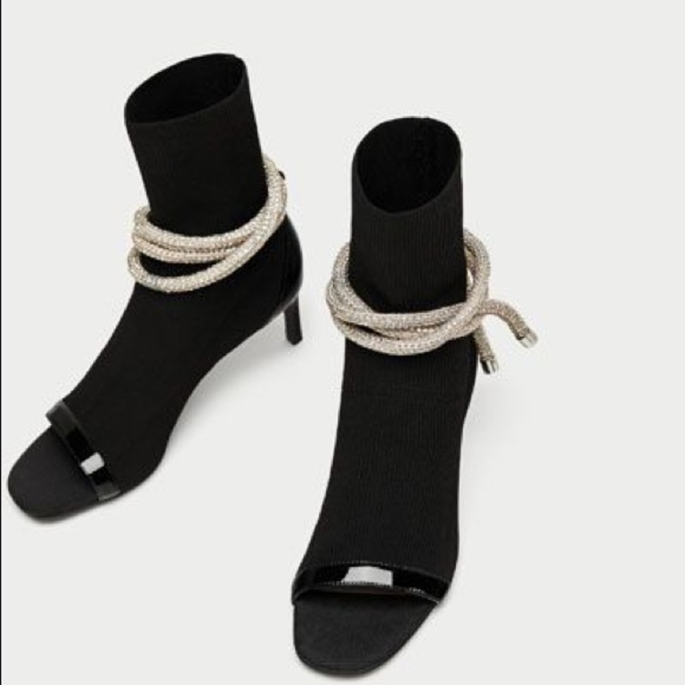 SOLD! Zara Black Open Toe Ankle Boots Jewel Cord - Picture 4 of 8